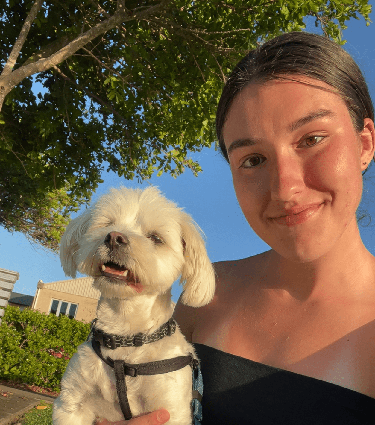 Smiling young woman and a small white dog pose together outdoors in the golden sunlight.