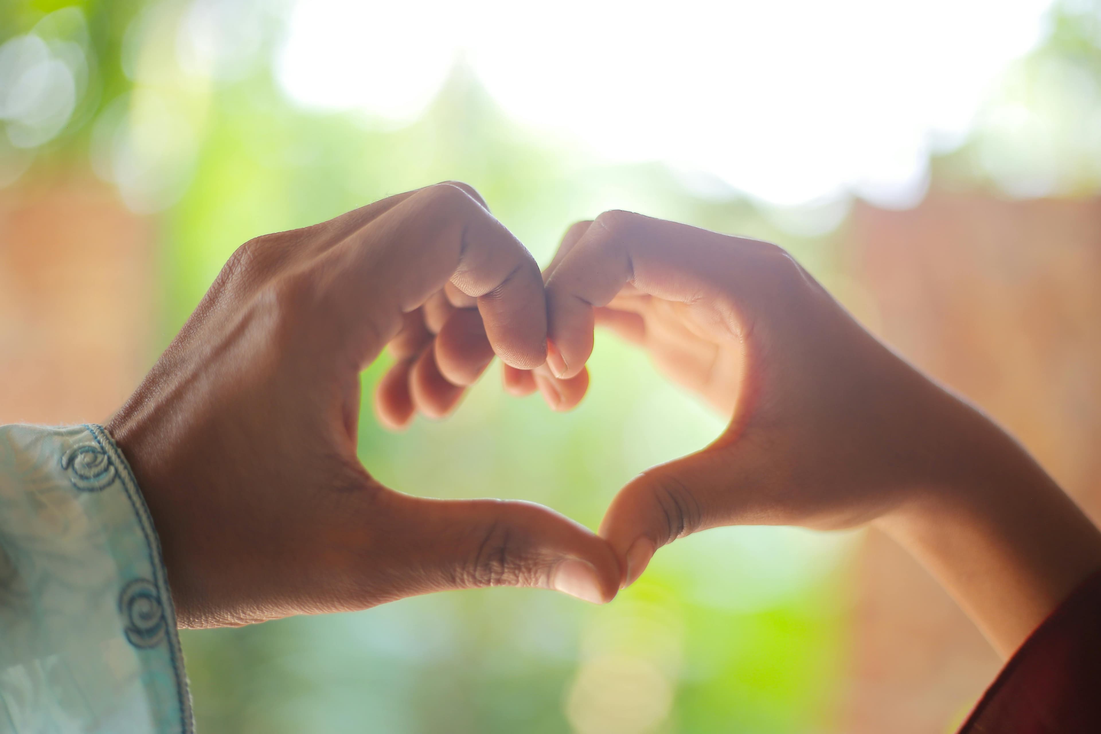 Two hands of different sizes forming a heart shape against a blurred green background.