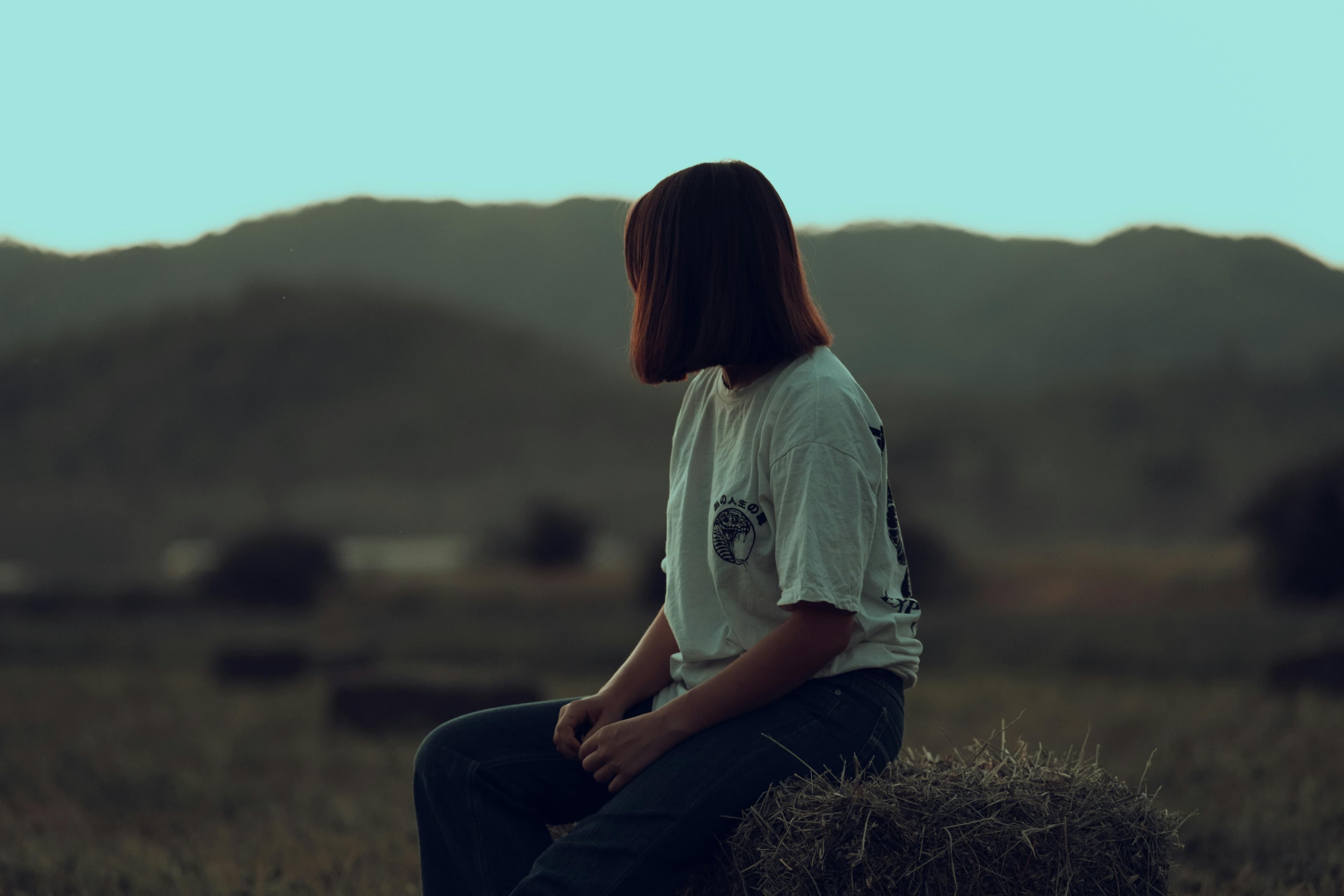 Person sitting on a hay bale, looking away towards distant mountains under a pale sky.